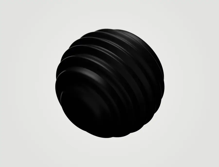 Black ridged 3D sphere on a light grey ground
