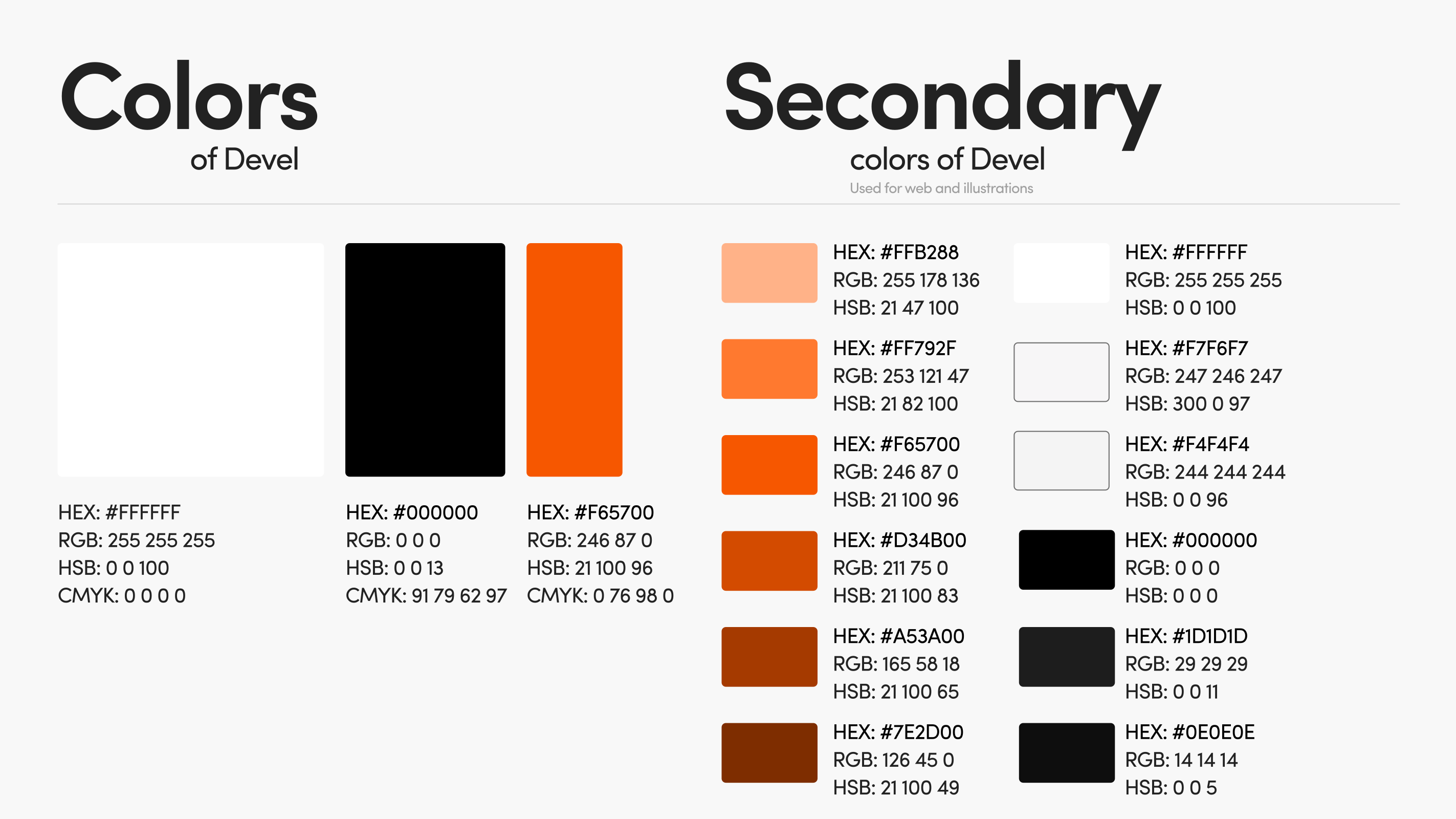 The color sheet of the sample brand Devel: primary colors (white, black, orange #F65700) and secondary orange-brown tones, with HEX/RGB/HSB values